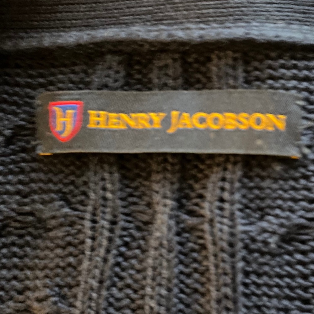 Henry Jacobson MENS Navy Cable Knit Silk Blend Cardigan Sz L - Picture 3 of 5